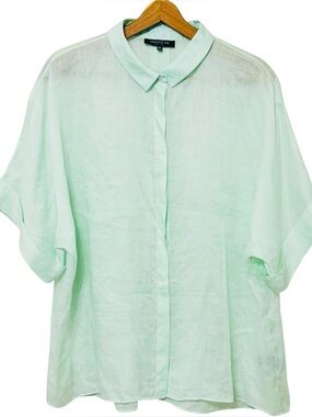 Lafayette 148 New York Ramie Tencel Button Up Top Short Sleeve Sage Green Blouse